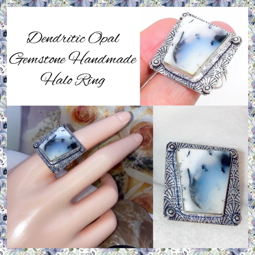 Dendritic Opal Gemstone Unique Handmade Halo Ring